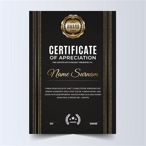 Modelo De Desenho De Certificado Preto E Dourado Vetor Premium