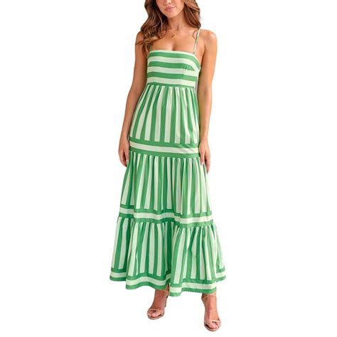 Trurendi Women Striped Print Maxi Dress Spaghetti Strap Flowy Tiered