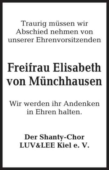 Traueranzeigen Von Freifrau Elisabeth Von M Nchhausen Trauer Anzeigen De