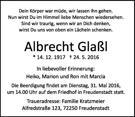 Traueranzeigen Von Albrecht Gla L Schwarzw Lder Bote Trauer