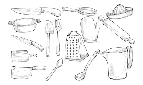 Colección de utensilios de cocina dibujados a mano Vector Premium