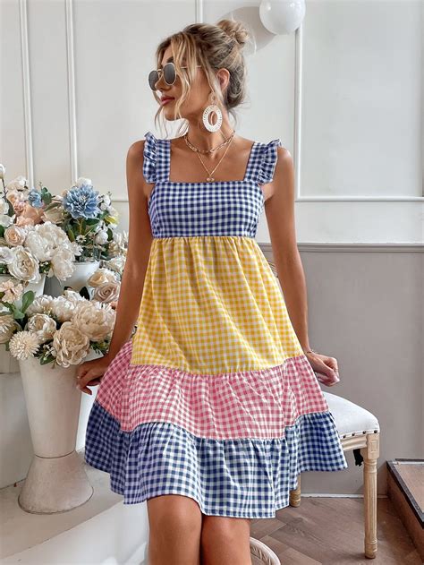 Multicolor Boho Collar Sleeveless Fabric Colorblock Gingham A Line