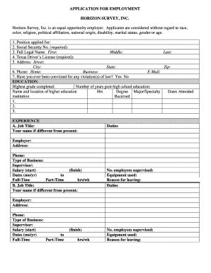 Fillable Online Application For Employment Horizon Survey Inc Fax