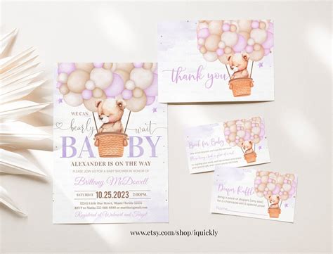 Editable We Can Bearly Wait Baby Shower Invitation Bundle Set Teddy Bear Hot Air Balloon Theme