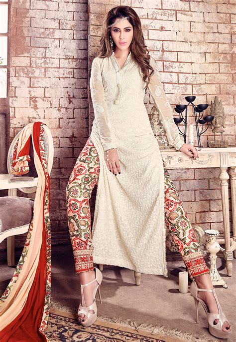 Buy Embroidered Georgette Pakistani Suit In Off White Online KCH373