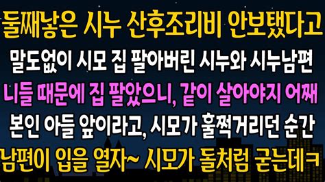 실화 사연 둘째 낳은 시누 산후조리비 안보냈다며 우리집에 찾아와 괴씸하다는 시모가 대뜸 합가 선언을 하는데 남편의