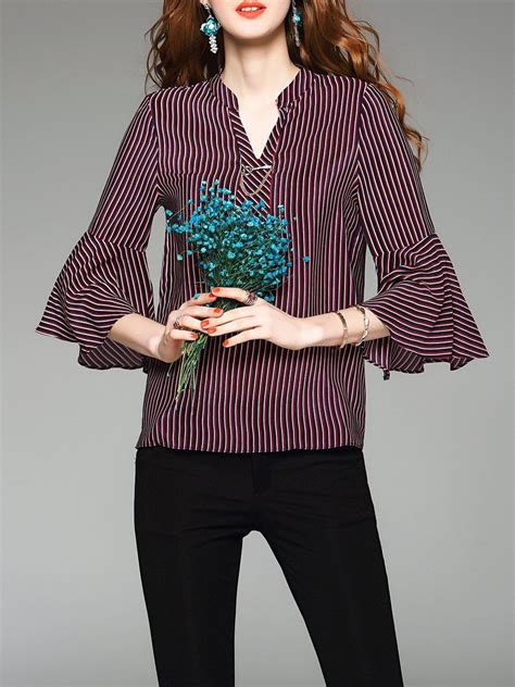 Shop Blouses Purple Silk Sleeve Stripes V Neck Blouse Online