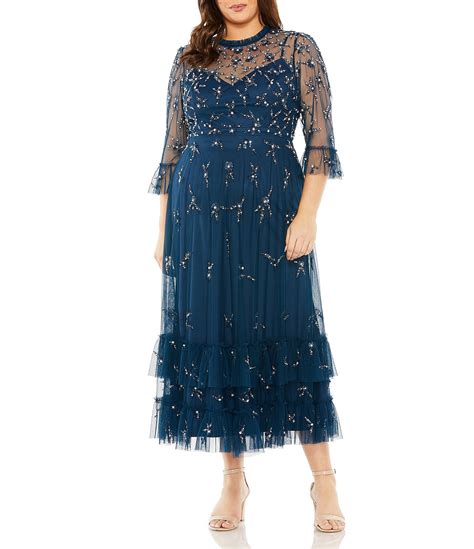 Mac Duggal Plus Size 3 4 Flutter Sleeve Illusion Neck Embellished Midi