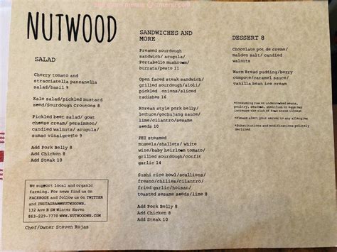 Menu at Nutwood restaurant, Winter Haven