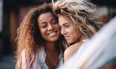 Premium Photo Lgbt Lesbian Couple Love Moments Happiness Concept Two Women Hugging Lgbt Flag