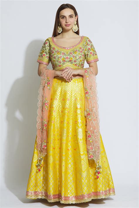 Buy Samyukta Singhania Yellow Banarasi Silk Lehenga Set Online Aza