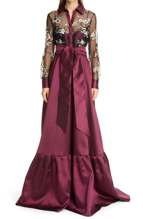 Badgley Mischka Sequin Embroidery Bodice Long Sleeve Full Skirt Gown Black Raspberry