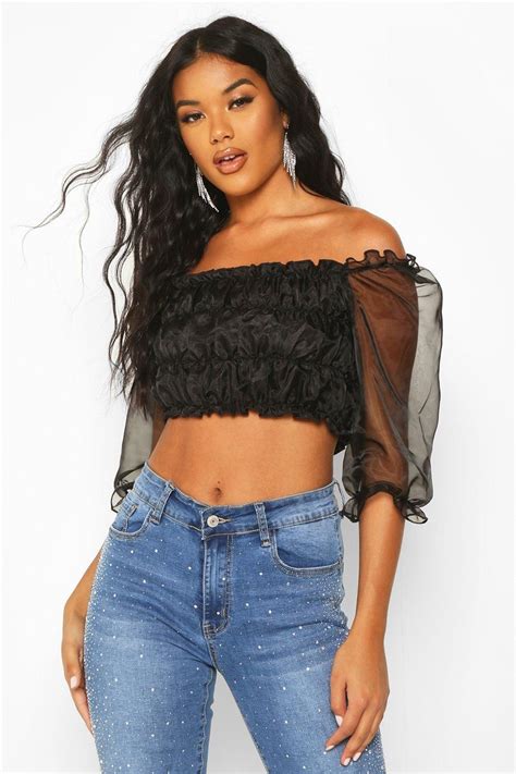 Organza Puff Sleeve Crop Boohoo Puff Sleeve Cropped Top Styles