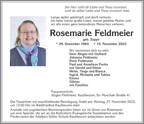 Traueranzeigen von Rosemarie Feldmeier Allgäuer Zeitung