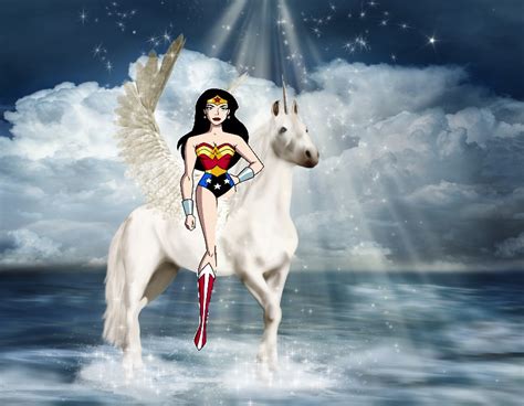 Wonder Woman Riding Her Beautiful Winged Unicorn Steed Wonder Woman