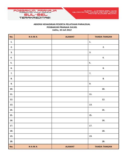 Absensi Kehadiran Peserta Pelatihan Paralegal Pdf