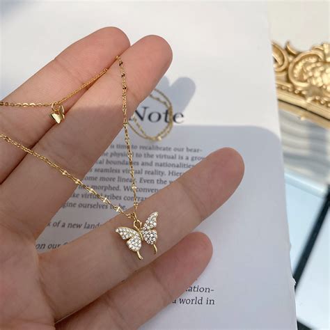 2022 New Silver Color Shiny Butterfly Necklace For Women Double Layer