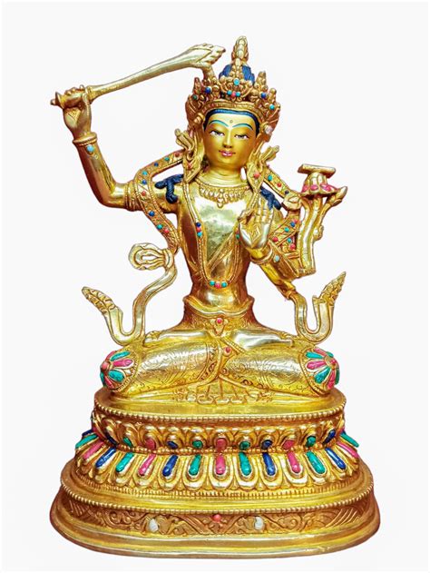 Buddhist Handmade Statue Of Manjushri Full Fire Gold Plated Face