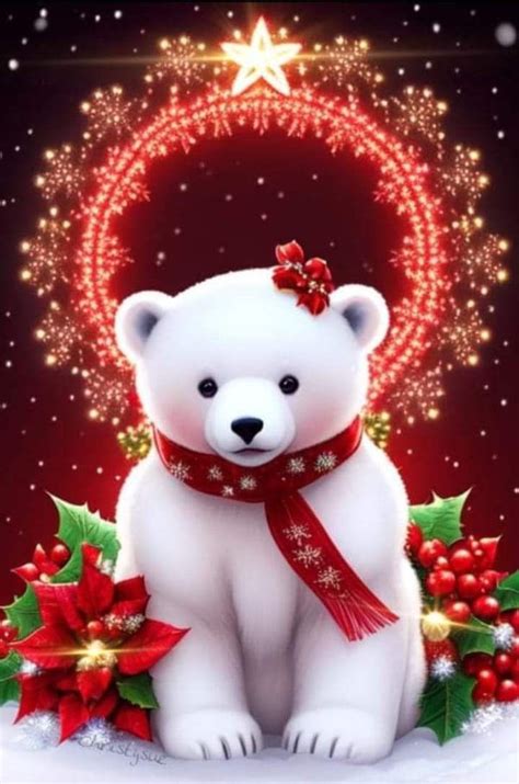 A White Polar Bear Sitting In Front Of A Christmas Wreath With Poinsettis