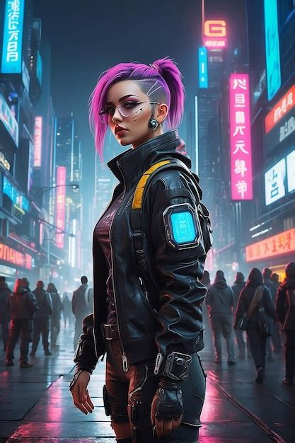 Concepto Cyberpunk Una Valiente Chica Cyberpunk Con Antecedentes De La