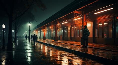 Premium Photo People Walking On A Rainy Night At A Train Station