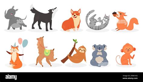 Cute animals vector illustration set. Cartoon domestic pets and zoo or wild animals characters ...