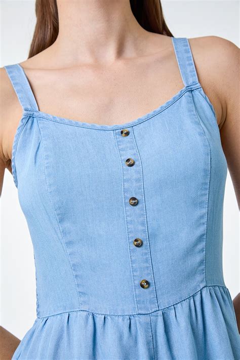 Blue Denim Shirred Back Strappy Jumpsuit Roman UK