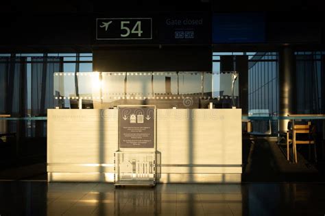 Empty Airport Terminal Check In Gate At Sunrise Editorial Stock Image
