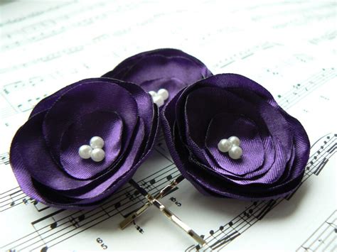 Purple Wedding Bridal Flower Hair Clipsset Of 3 Bridesmaid Etsy