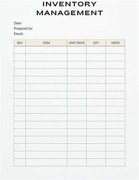 Printable Inventory Management Form Inventory Sheet Inventory List