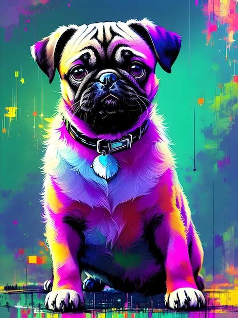 Un Perro Pug Colorido Con Un Collar Y Una Etiqueta Que Dice Me