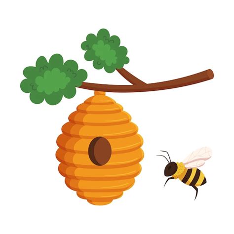 Premium Vector Beehive On Tree Branch And Flying Bee Insect Isolated