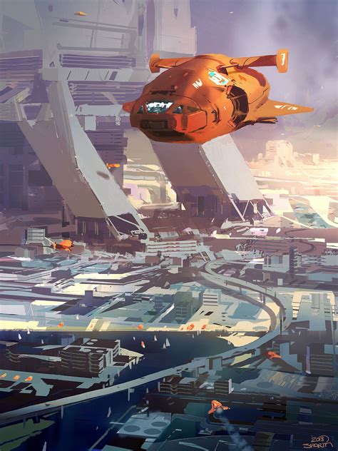 Artstation Orange Spaceship Over City Sparth Spaceship Art