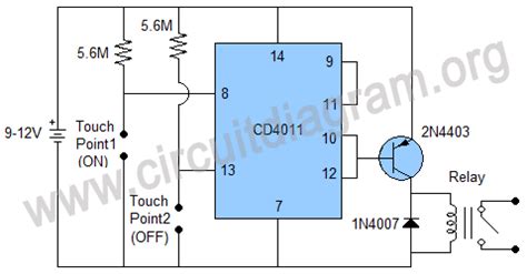 Touch Activated Switch Using CD4011 IC Circuit Diagram