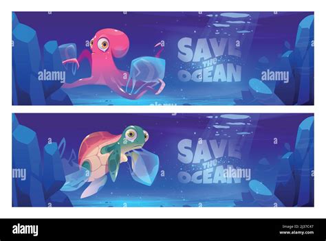 Save Ocean Cartoon Banner With Underwater Animals And Trash In Sea
