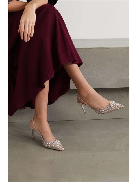 Ren Caovilla Crystal Embellished Lace And Leather Slingback Pumps