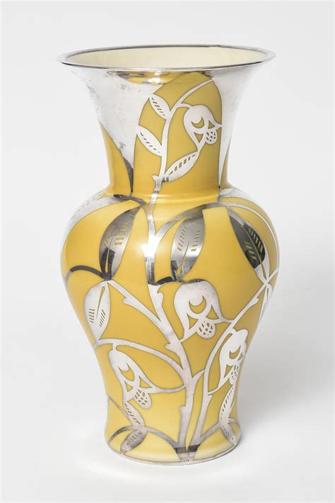 Sterling Silver Floral Overlay Yellow Porcelain Vase By Thomas Ivory