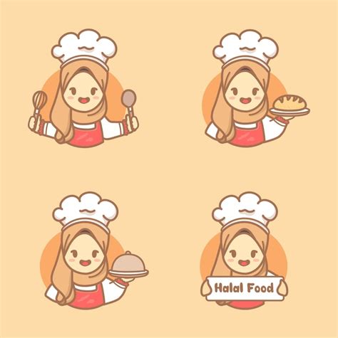 Premium Vector Set Of Muslim Cute Woman Chef With Hijab Holding Cake