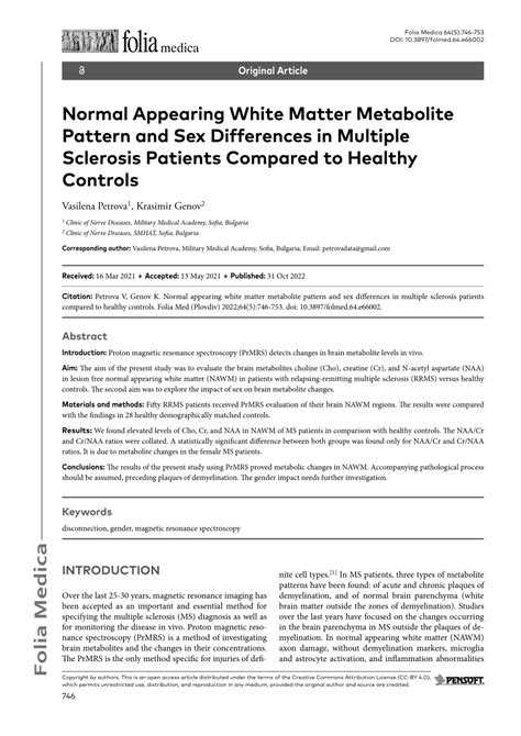PDF Normal Appearing White Matter Metabolite Pattern And Sex