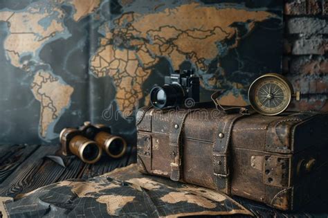 Vintage Traveler Luggage And Map On The Wall Explorer And Adventure