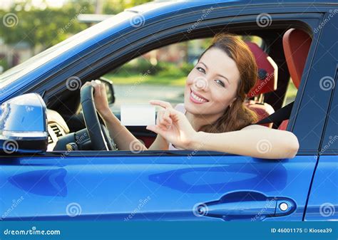 Woman In New Car Showing Blank Drivers License Stock Image Image Of