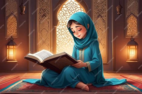 Premium Photo Illustration Of Cartoon Girl Reading Quran