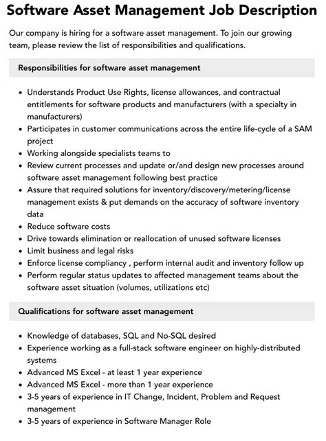 Software Asset Management Job Description Velvet Jobs