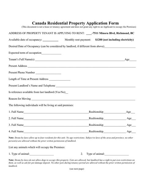 Canada Residential Property Application Form In Word And Pdf Formats