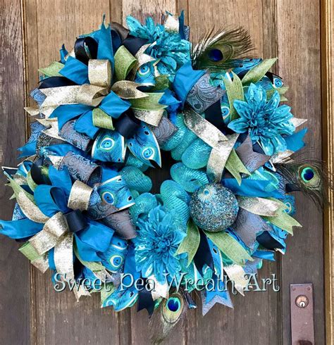 Peacock Wreath With Sparkling Beaded Ornaments And Flowers Genuine Peacock Feathers And