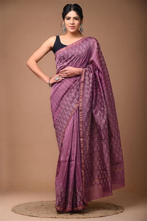 Summer Wear Hand Block Printed Chanderi Silk Saree M With Blouse