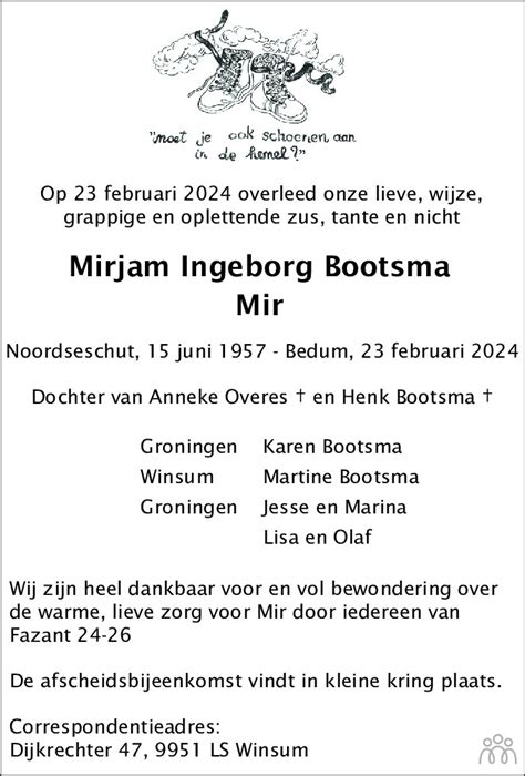 Mirjam Ingeborg Mir Bootsma Overlijdensbericht En