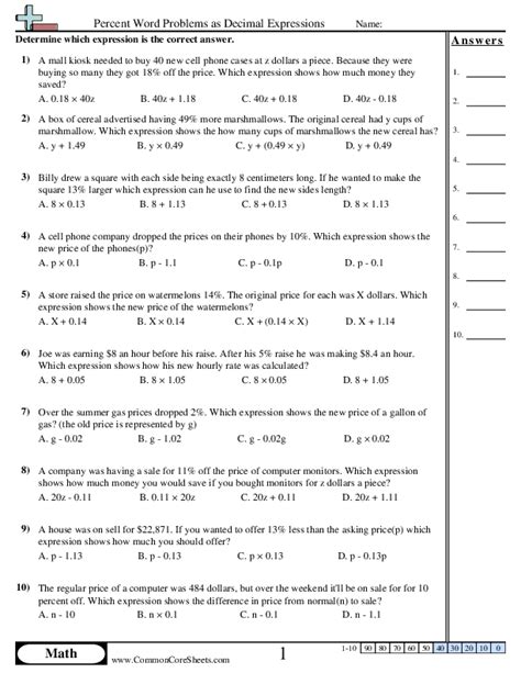 Percent Word Problems As Decimal Expressions Worksheet Download Worksheets Library