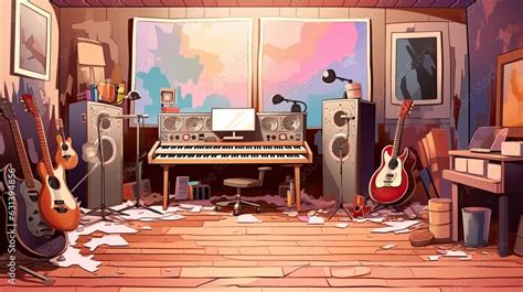 cartoon illustration of a music room with guitar, speakers and speakers, ai generative Stock ...