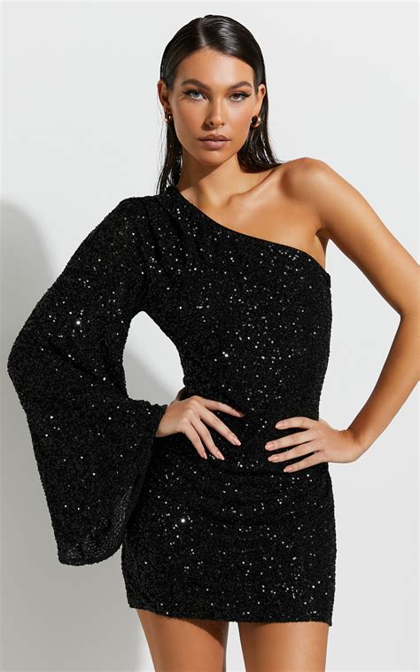 Malisha Mini Dress One Shoulder Flare Sleeve Dress In Black Sequin Showpo Usa